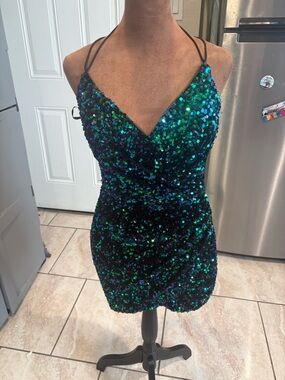 Iridescent Green-Blue Sequin Mini Dress with V-Neck